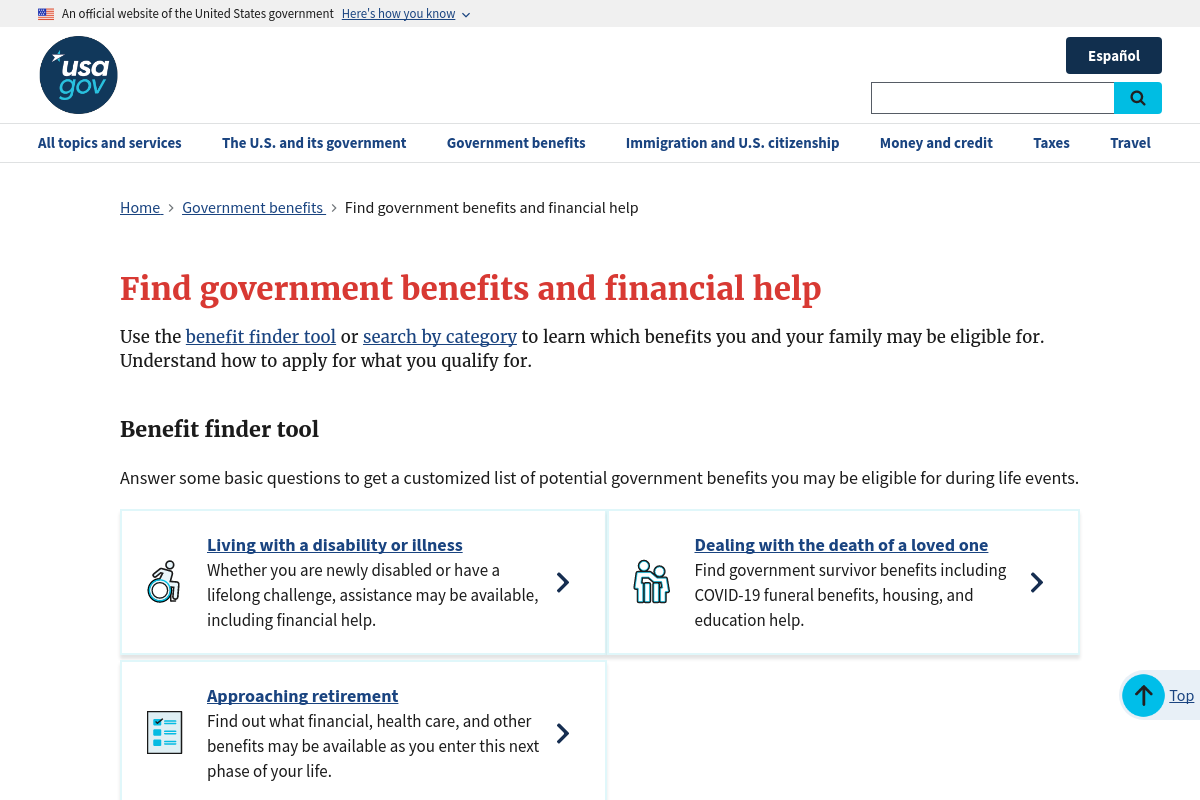Benefits.gov screenshot